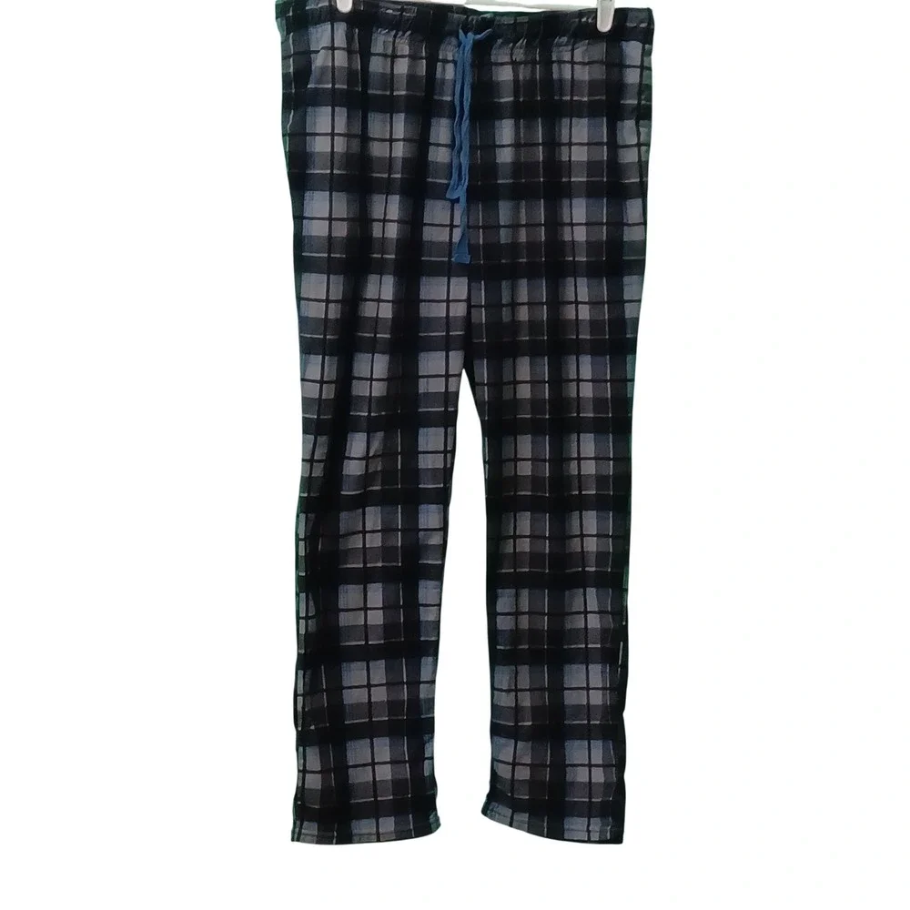 Cuddl Duds Mens XL Pajama Pants Blue Black Plaid Fleece Lounge Sleepwear Relaxed
